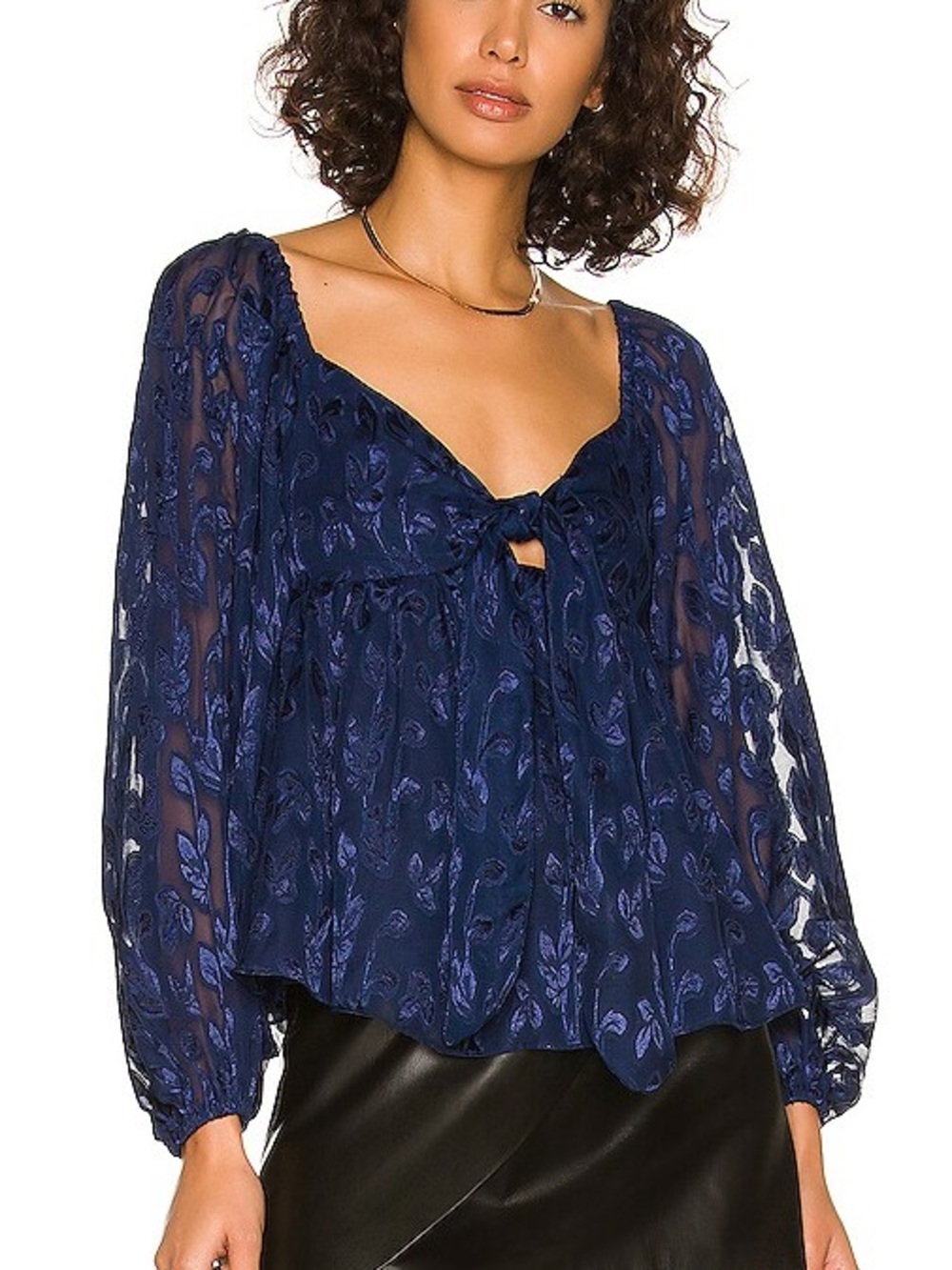 Amanda Uprichard Danie Navy Chanterelle Floral Sheer Sleeve Blouse